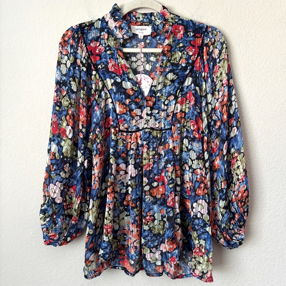 Umgee Floral Printed Boho Ruffle Neckline Puff Sleeve Blouse Top NEW